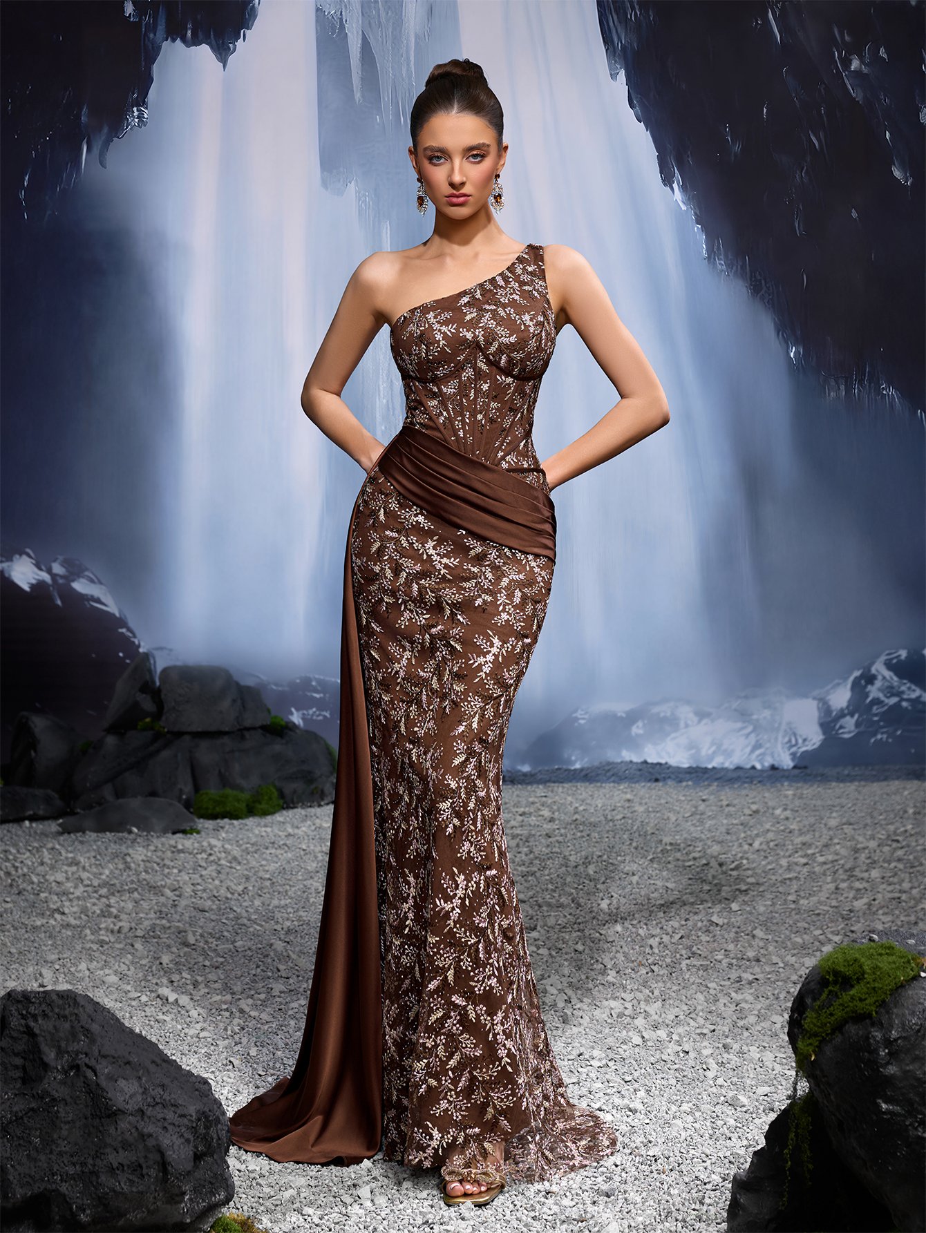 Brown Embroidered Bodycon Maxi Dress