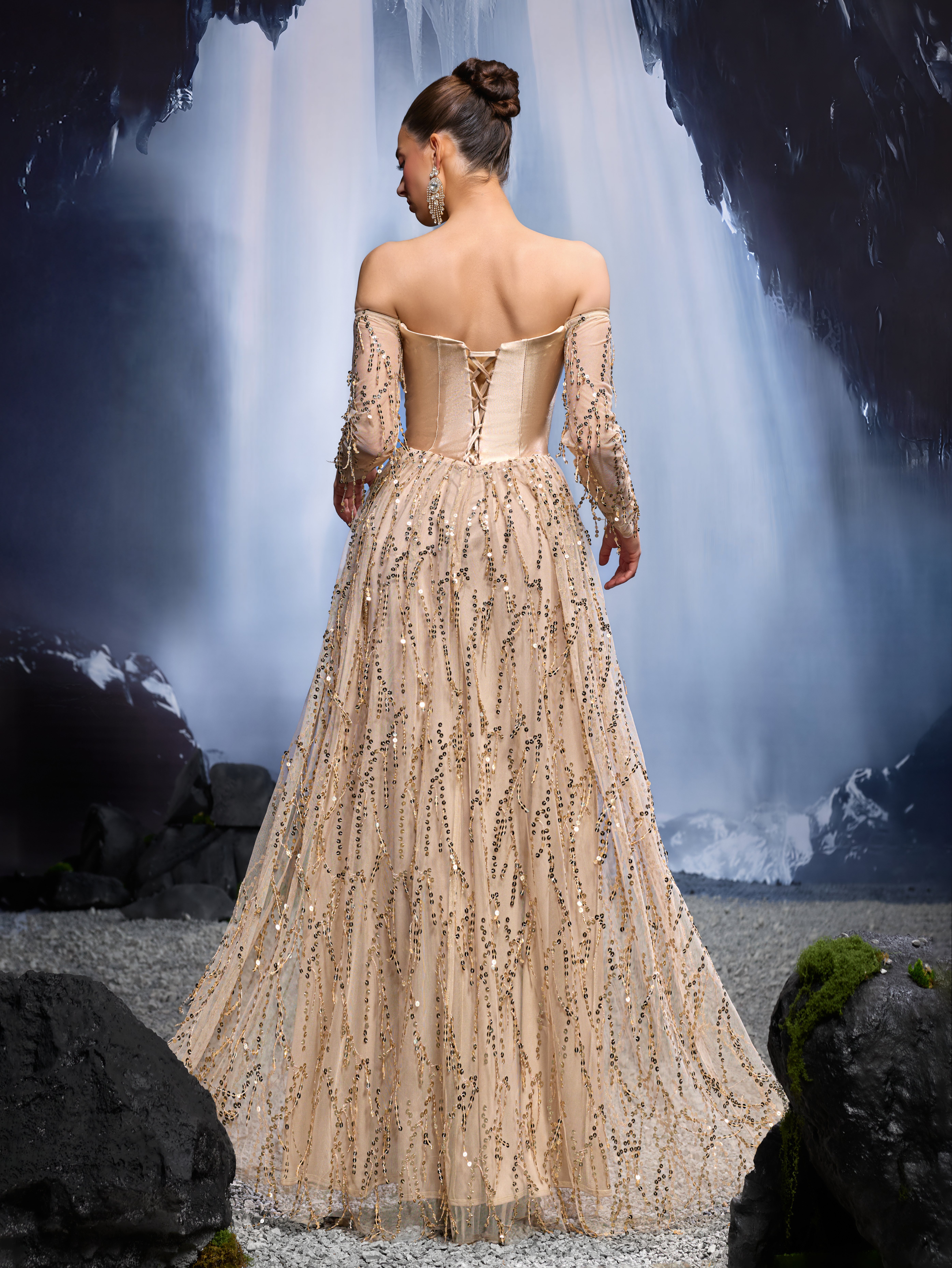 Gold Embroidered A-Line Maxi Dress with Long Sleeves