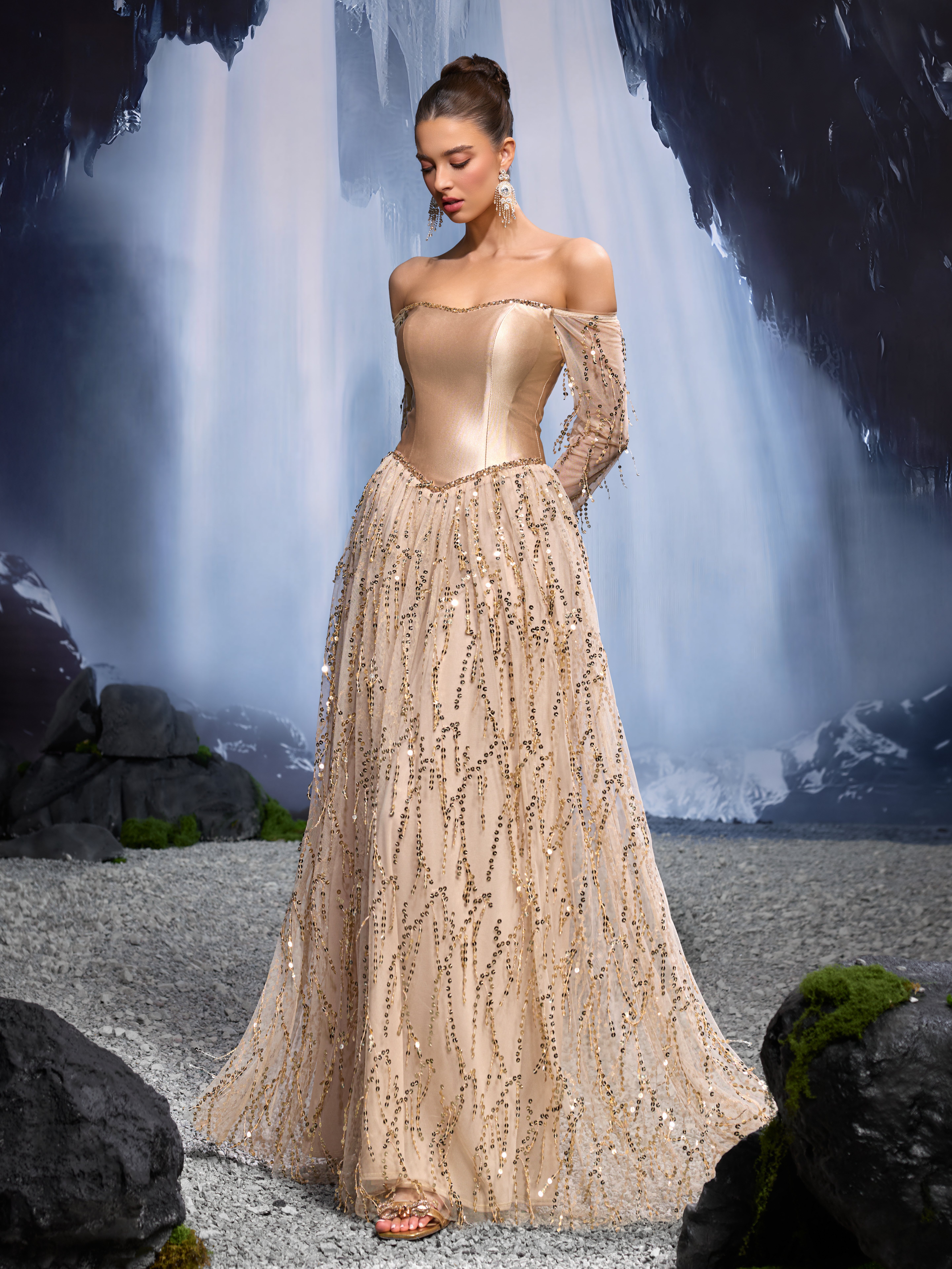 Gold Embroidered A-Line Maxi Dress with Long Sleeves