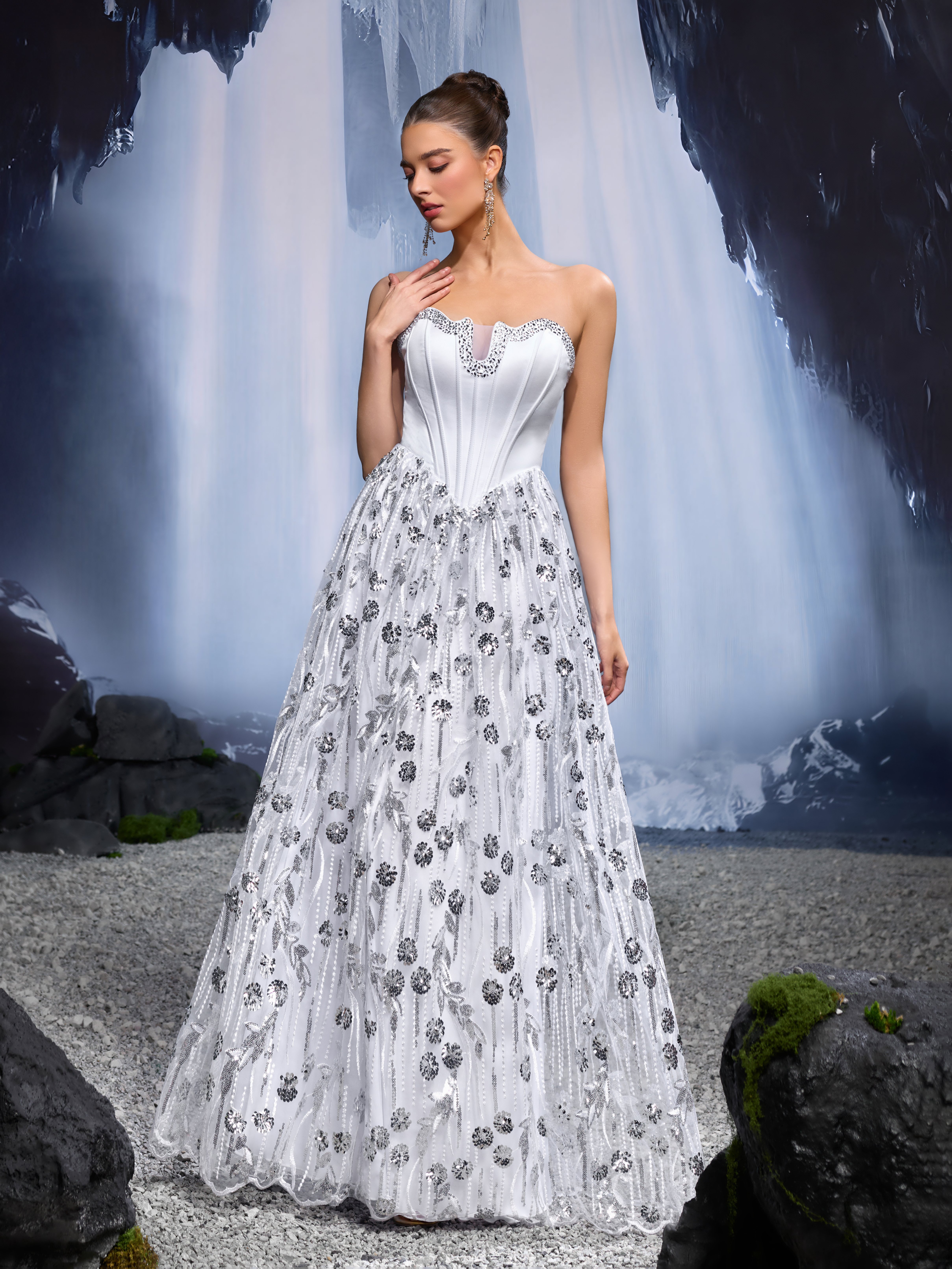 Silver Embroidered Sleeveless A-Line Maxi Dress
