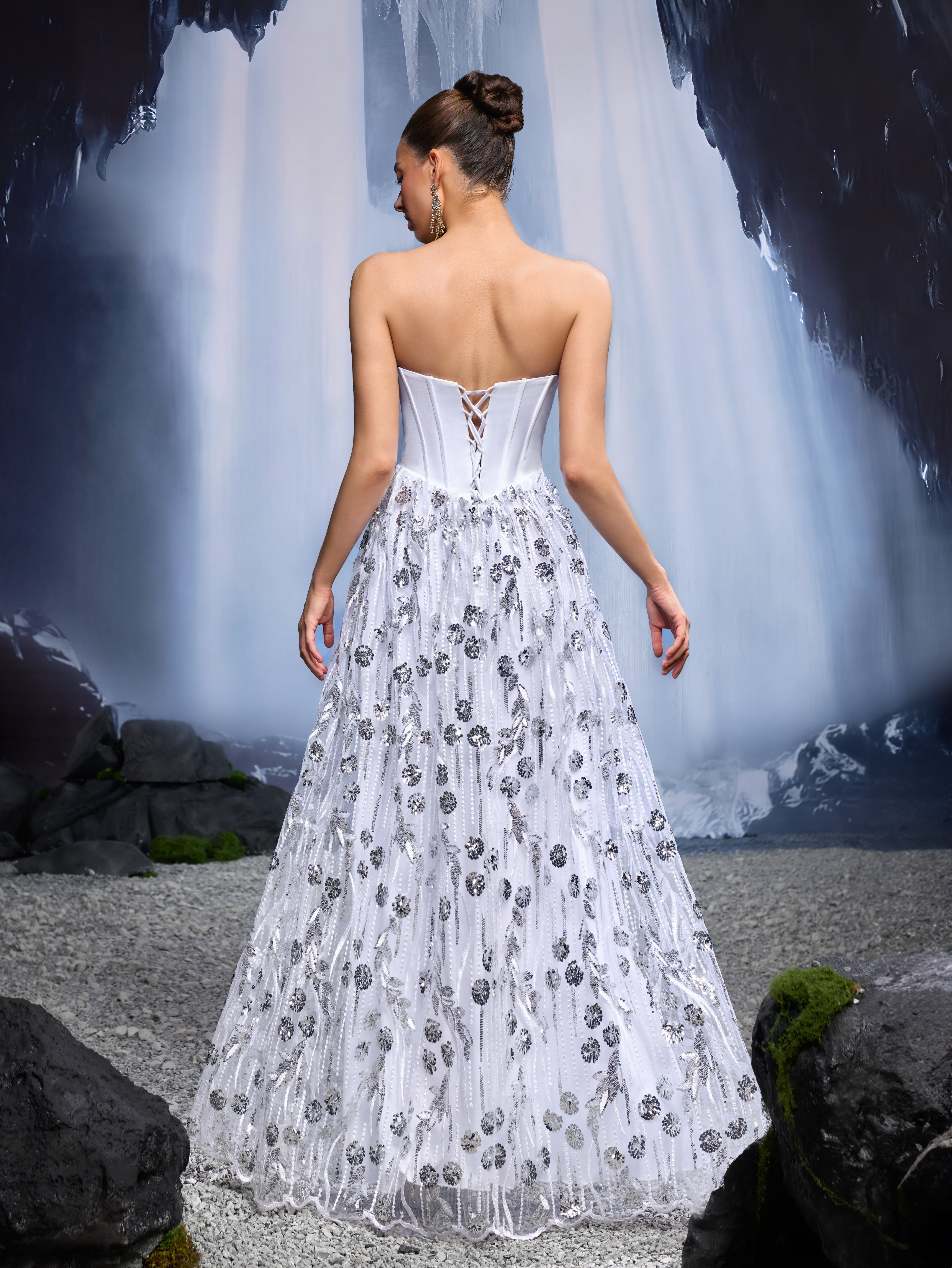 Silver Embroidered Sleeveless A-Line Maxi Dress