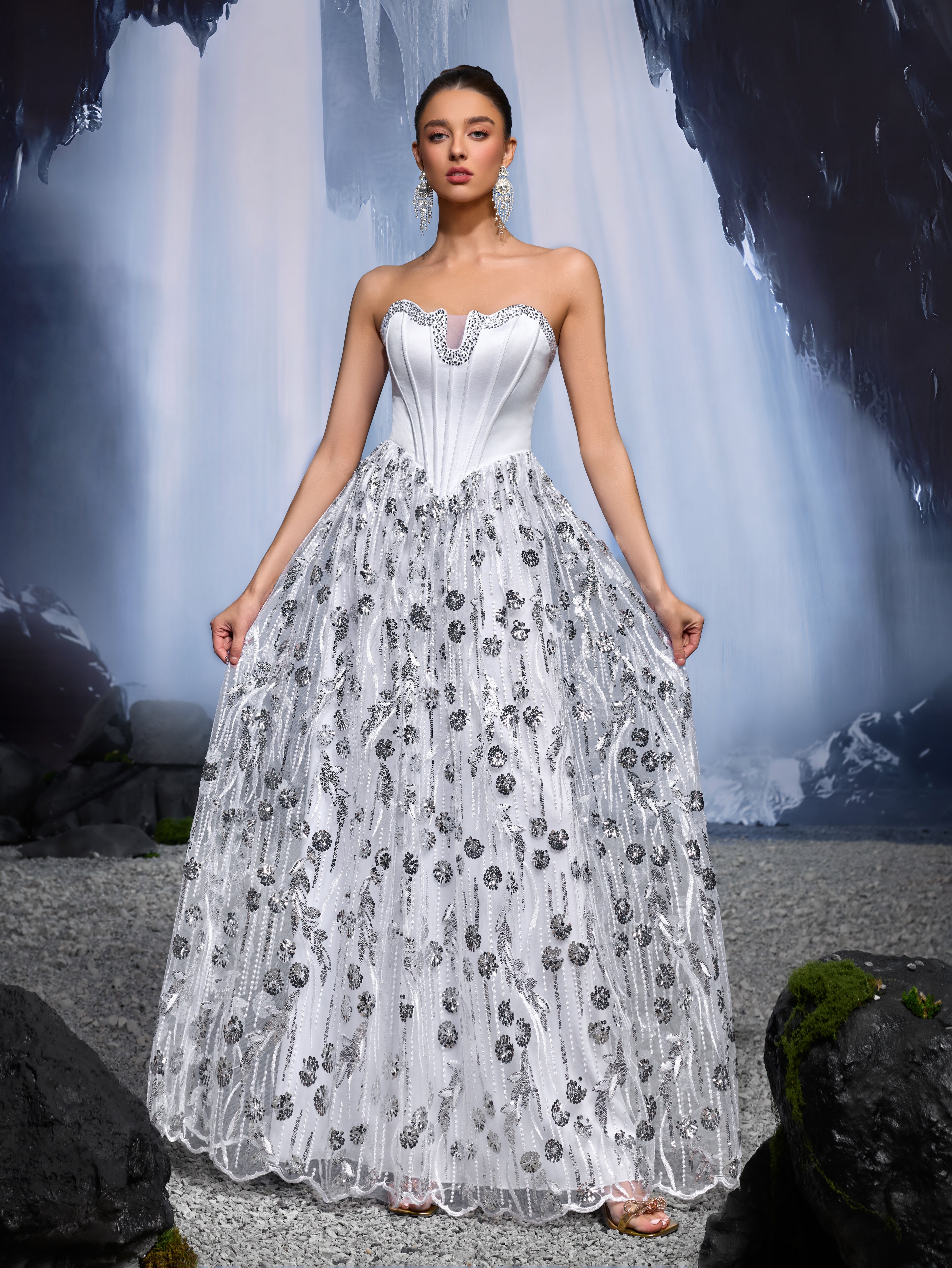 Silver Embroidered Sleeveless A-Line Maxi Dress