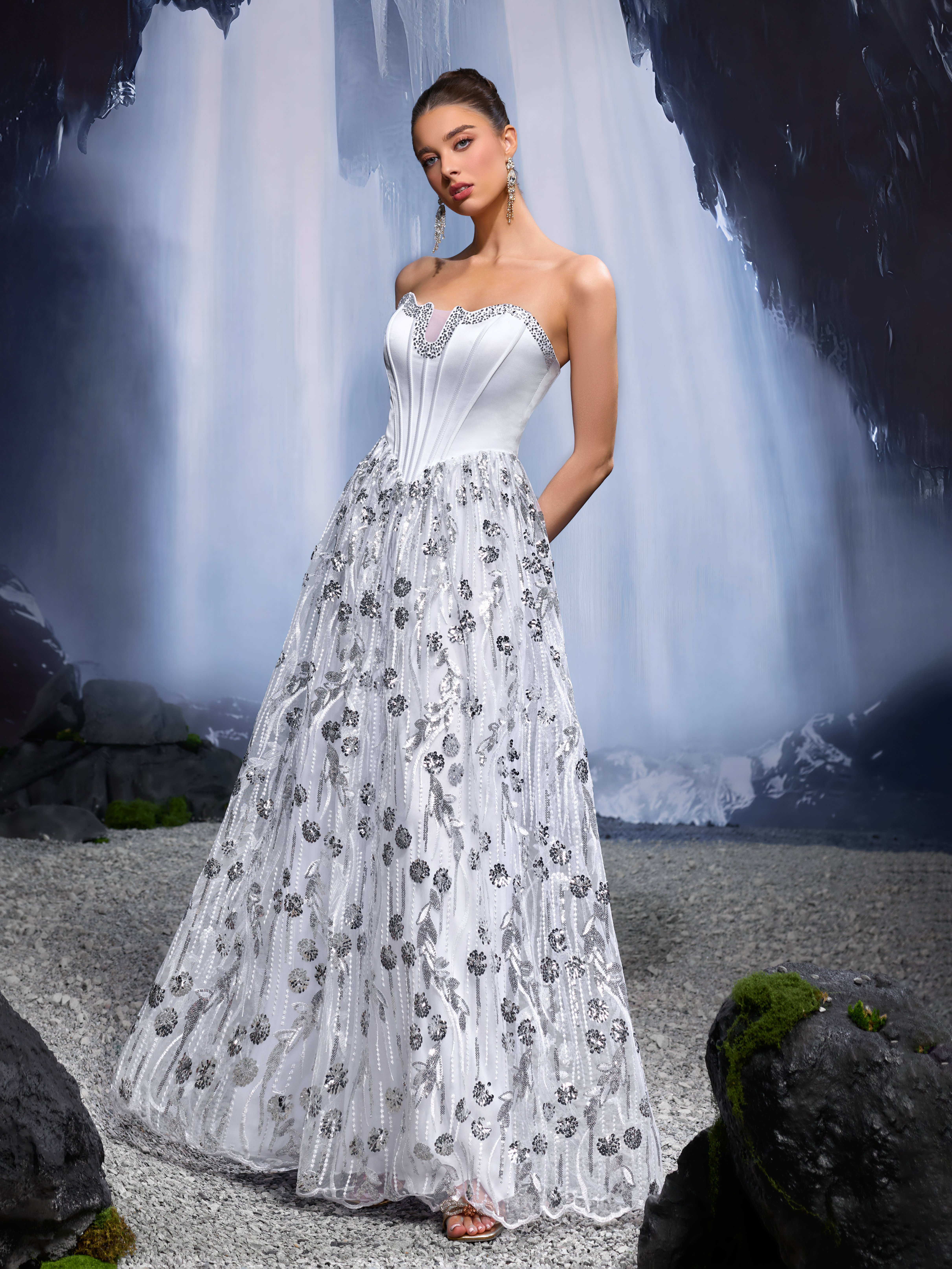 Silver Embroidered Sleeveless A-Line Maxi Dress