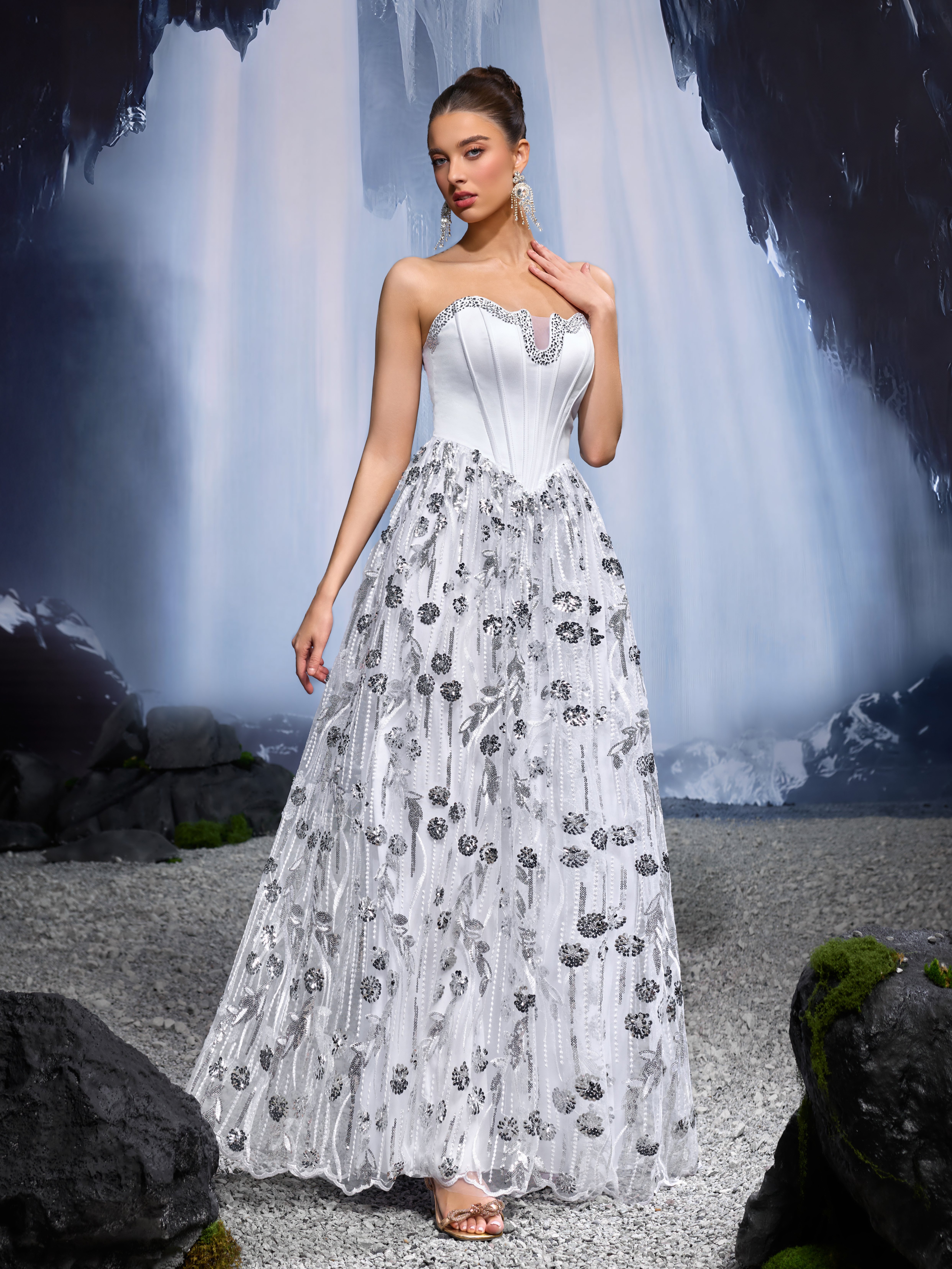Silver Embroidered Sleeveless A-Line Maxi Dress