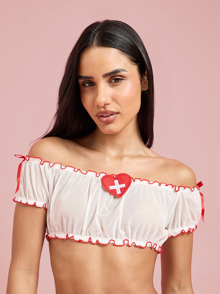 Pack of 3 - White Crop Top, Skirt and Thong Brief Nurse Lingerie Set