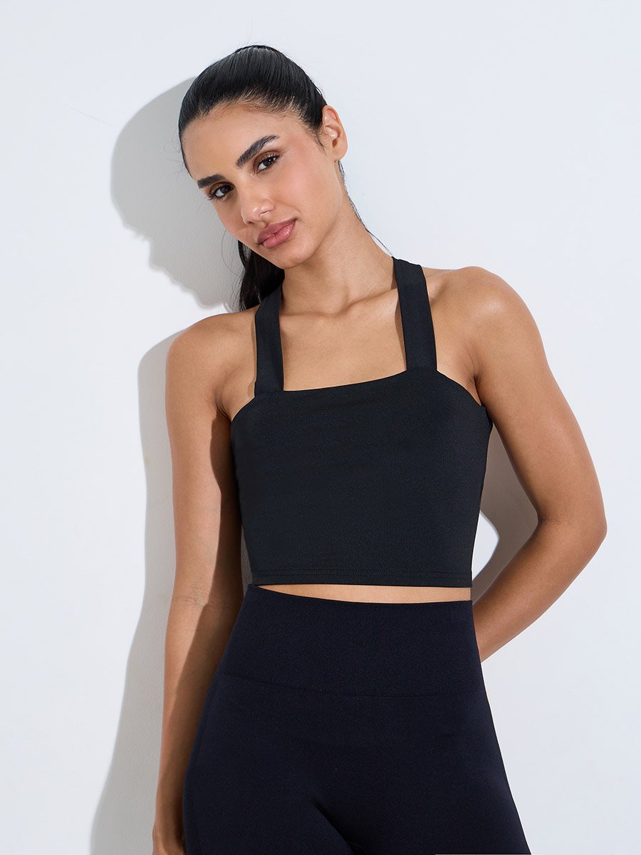 Black Solid Crossover Tie Longline Sports Bra