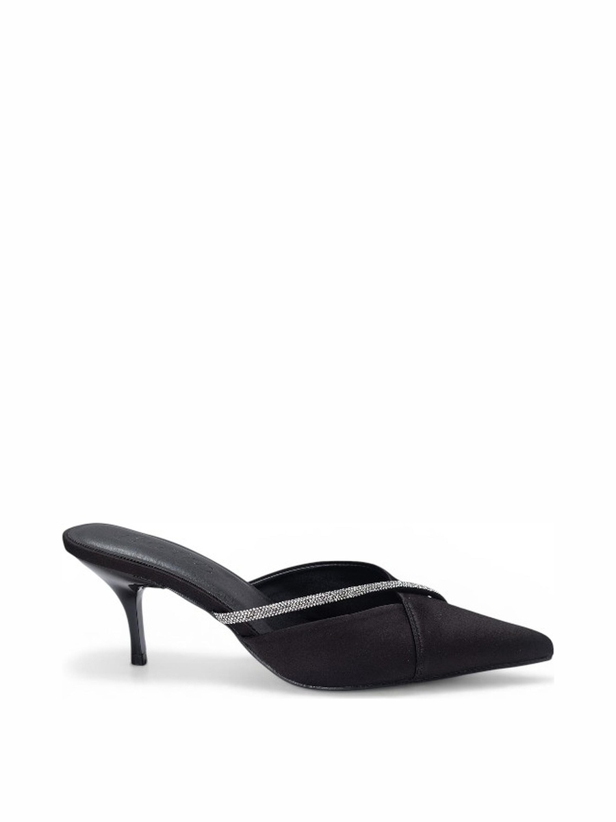 Black Embellished Strap Pointed Toe Mules