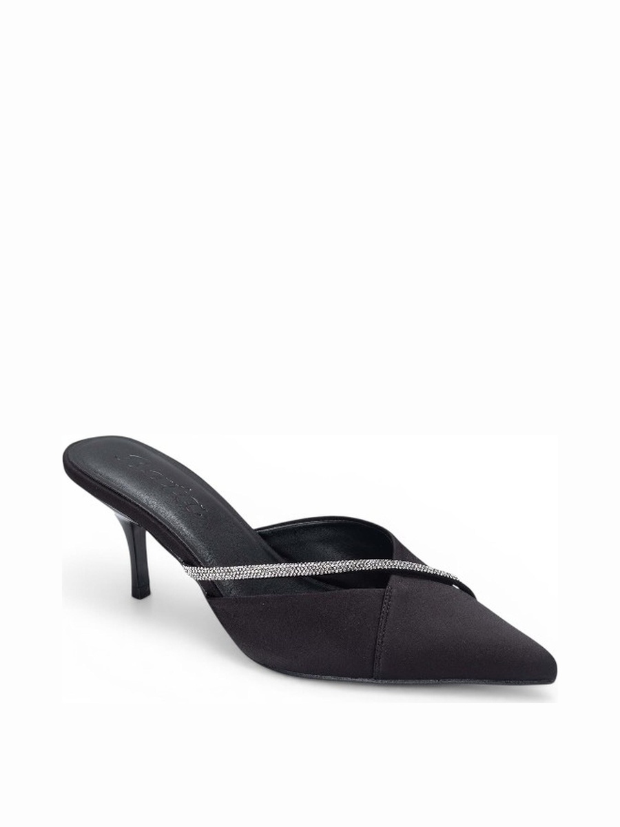 Black Embellished Strap Pointed Toe Mules