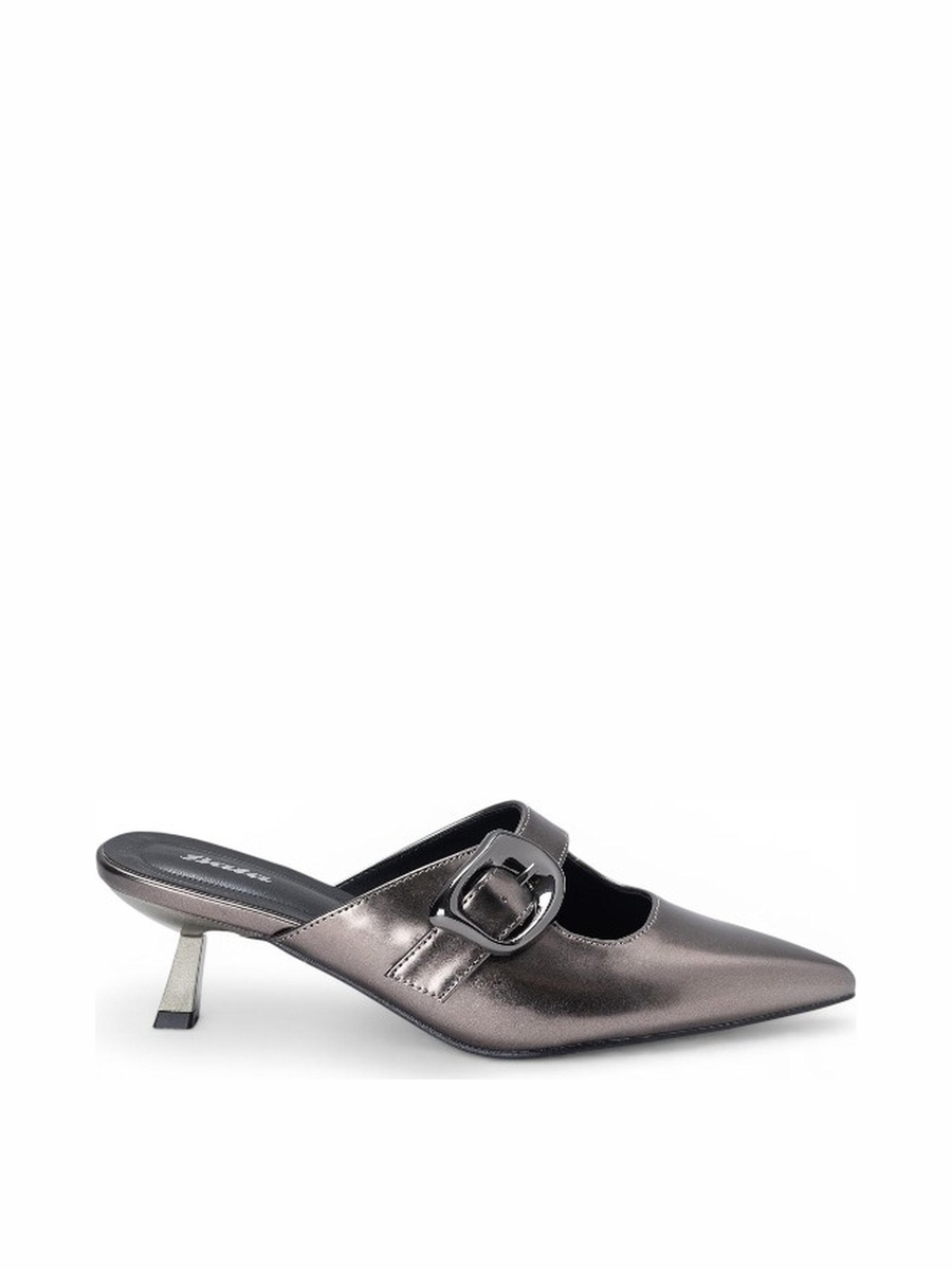 Grey Pointed Toe Mules with Buckle