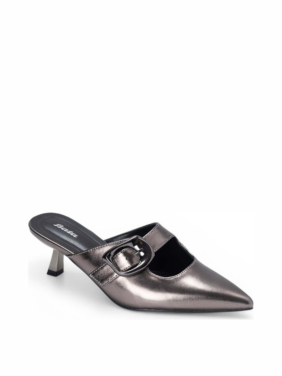 Grey Pointed Toe Mules with Buckle