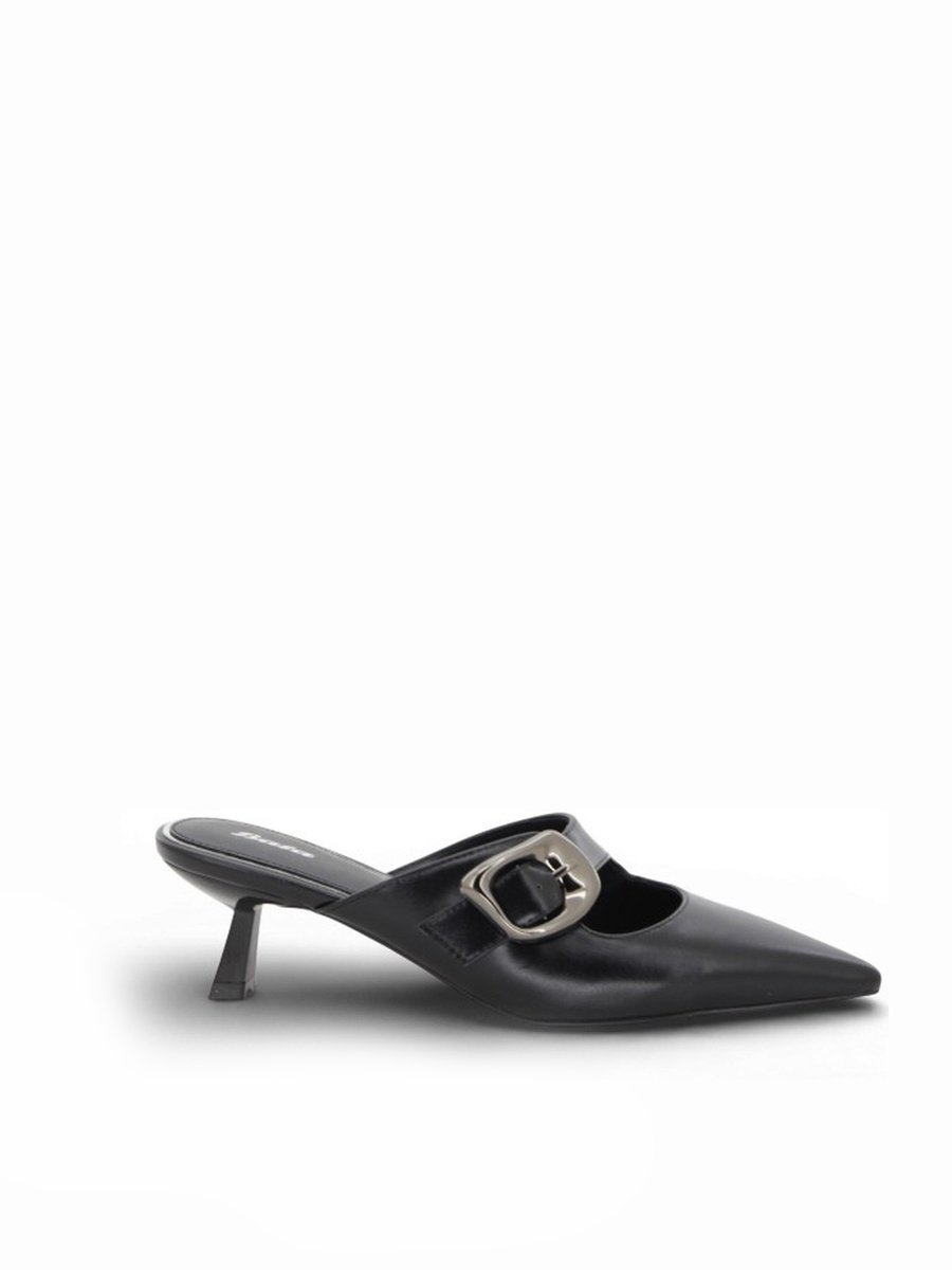 Black Pointed Toe Mid Heel Mules