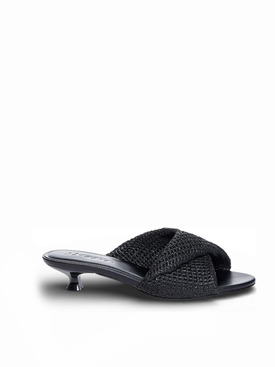 Black Cross-Textured Strap Low Heel Mules