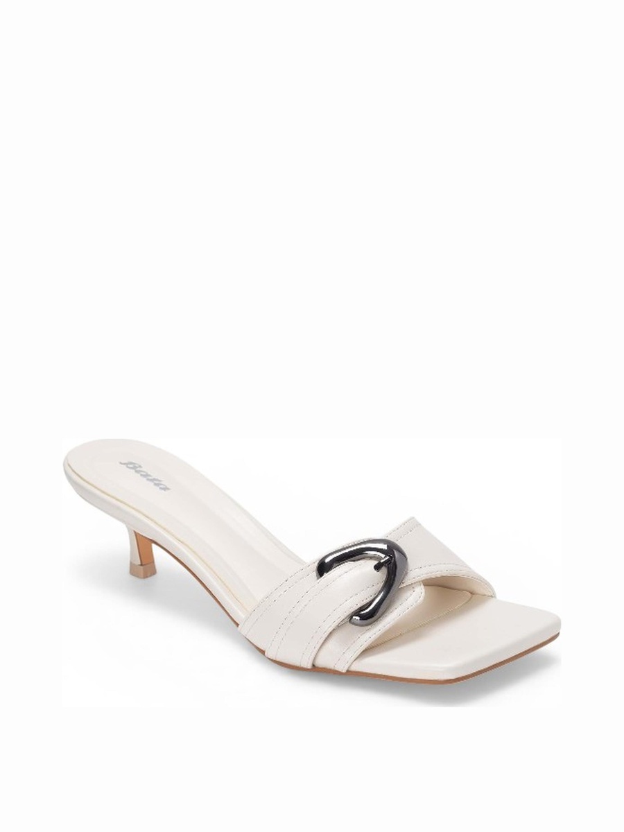White Buckle Detail Kitten Heel Mules