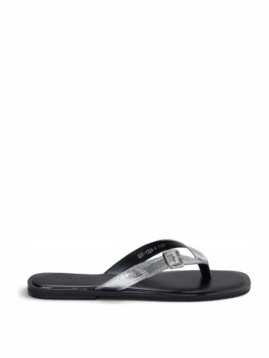 Silver Metallic Strap Buckle Detail Flat Sandals