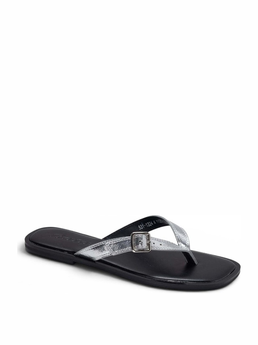 Silver Metallic Strap Buckle Detail Flat Sandals