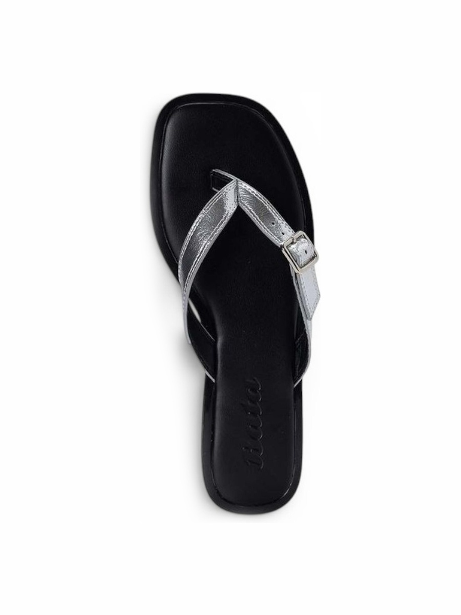 Silver Metallic Strap Buckle Detail Flat Sandals