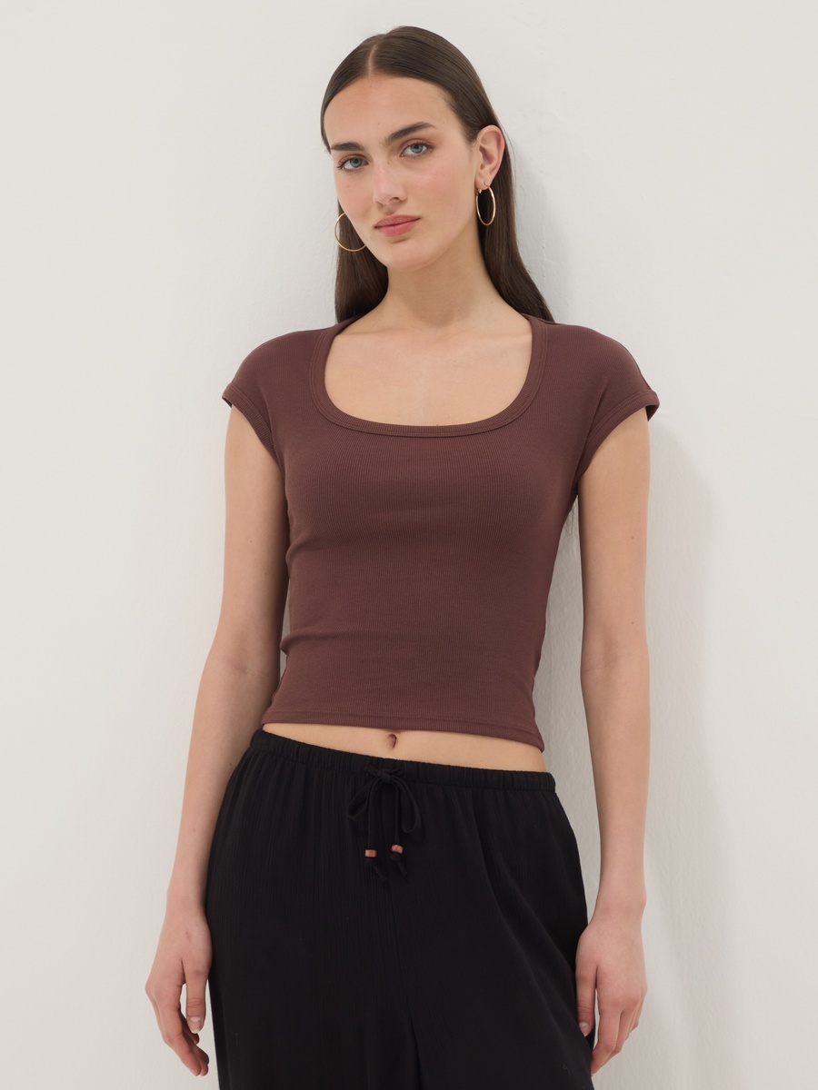 Brown Short-Sleeve Stretch-Cotton T-Shirt