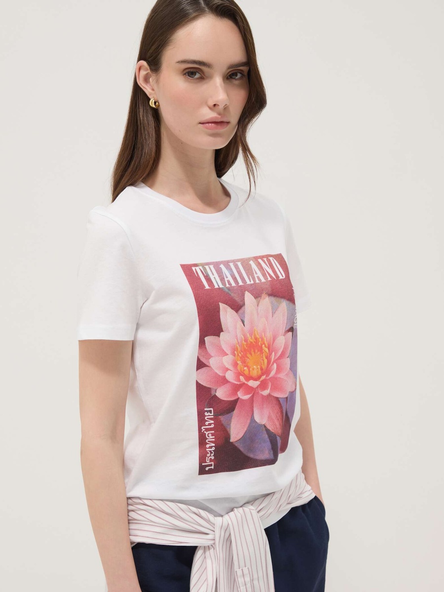 White Pure Cotton  Floral Print T-Shirt