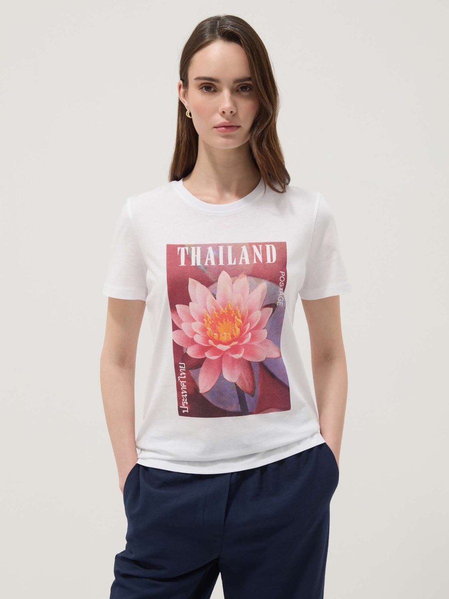 White Pure Cotton  Floral Print T-Shirt