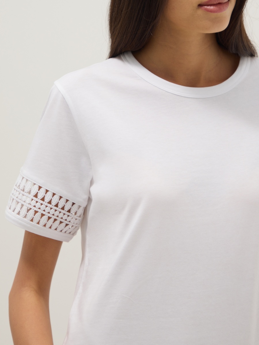 White Pure Cotton T-Shirt With Lace Sleeves