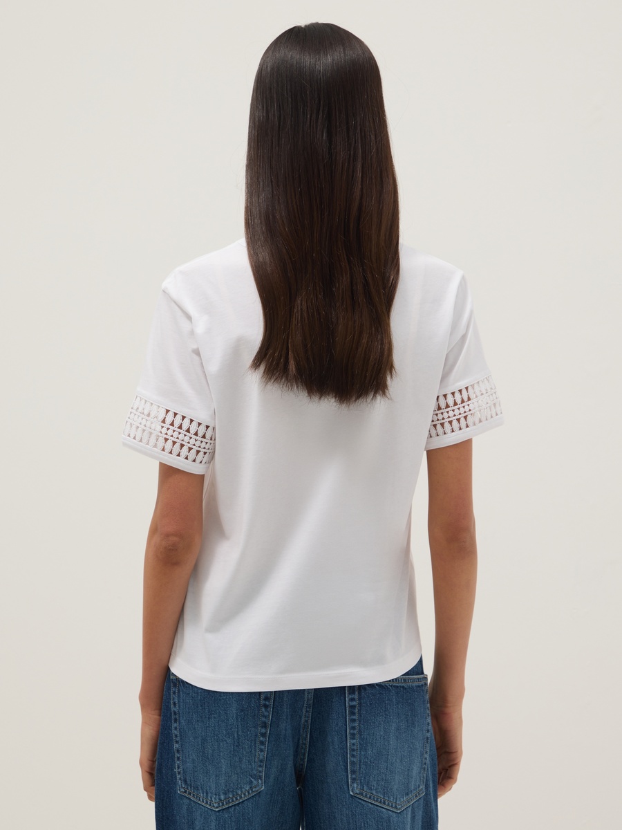 White Pure Cotton T-Shirt With Lace Sleeves