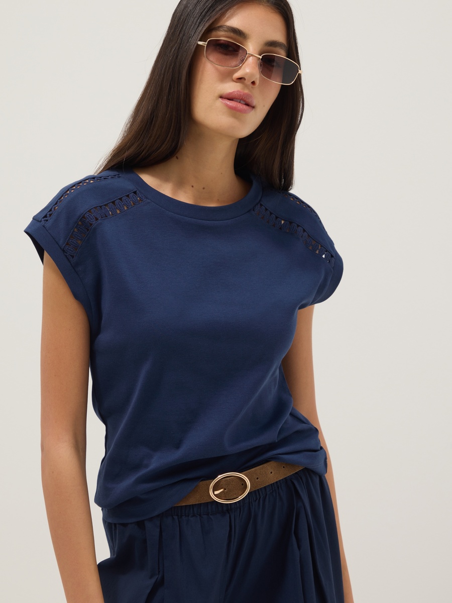 Blue Pure Cotton T-Shirt With Perforated Inserts