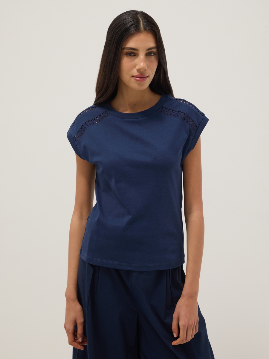 Blue Pure Cotton T-Shirt With Perforated Inserts