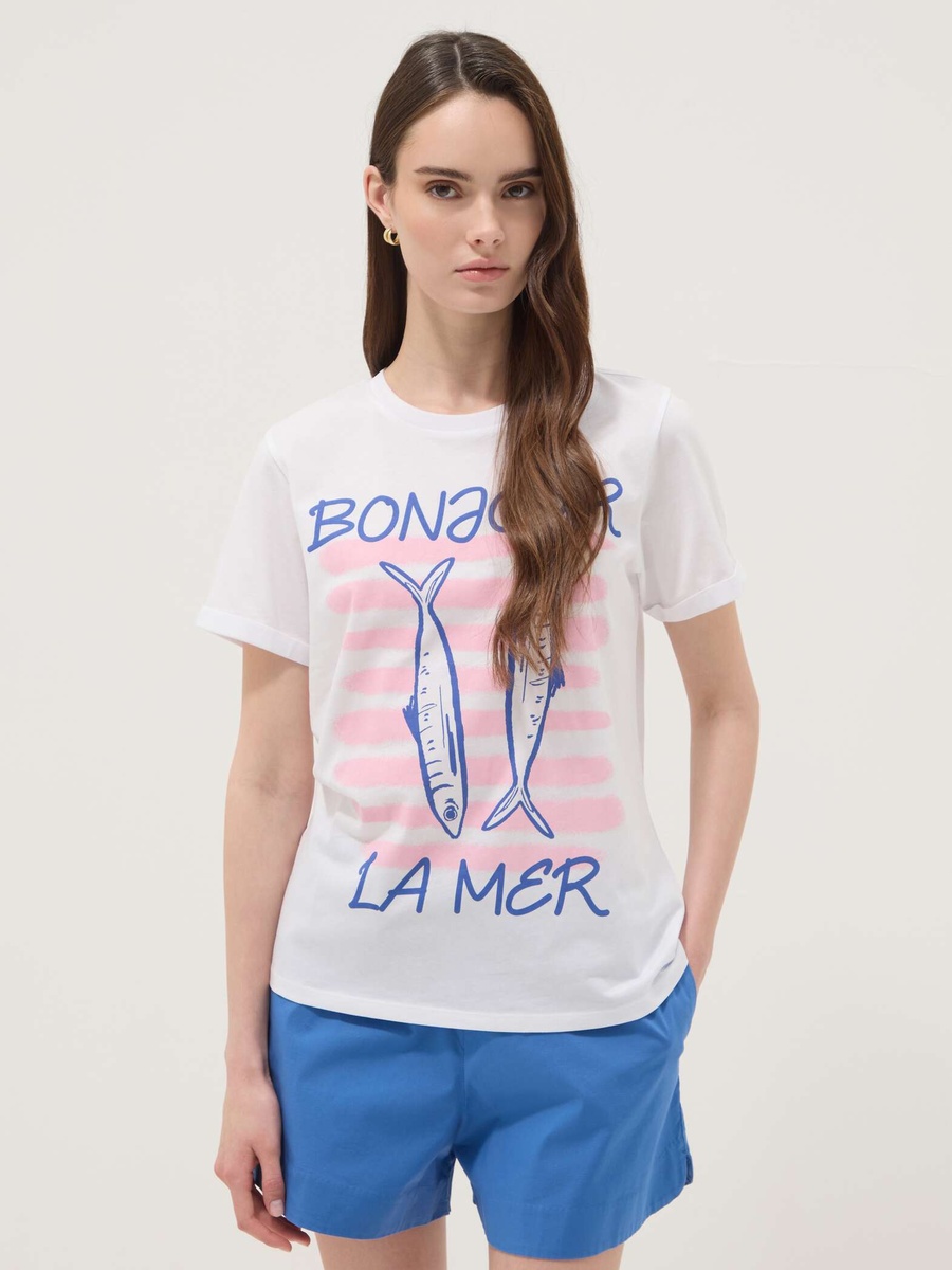 White Pure Cotton T-Shirt With Front Print, Regular Fit