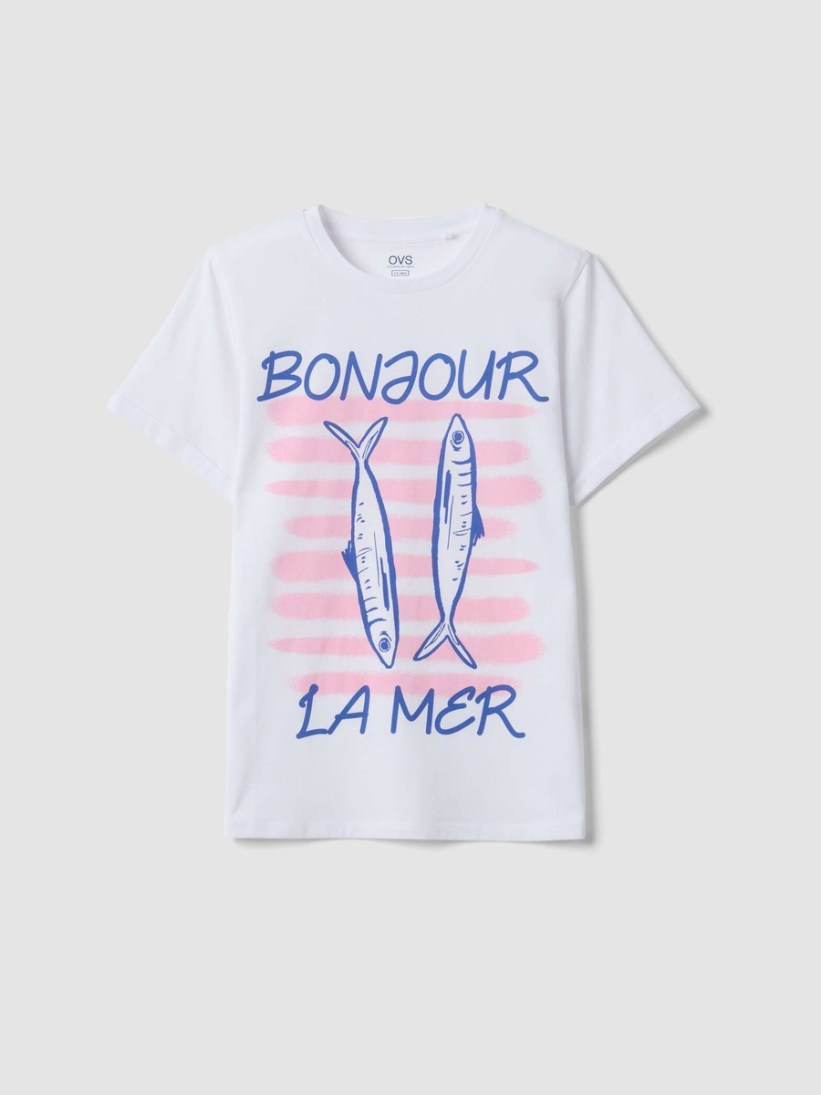 White Pure Cotton T-Shirt With Front Print, Regular Fit