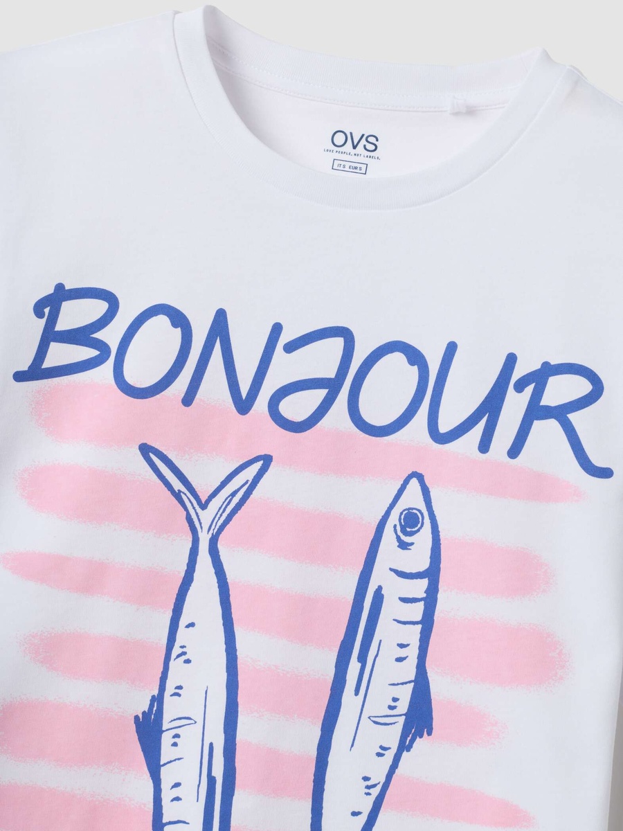 White Pure Cotton T-Shirt With Front Print, Regular Fit