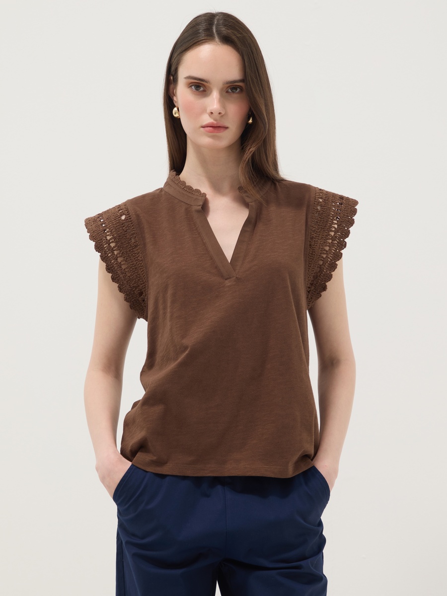 Brown Pure Cotton Regular Fit T-Shirt with Crochet Details