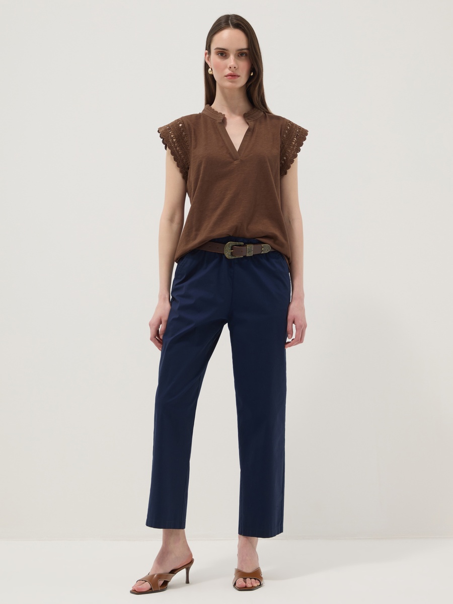 Brown Pure Cotton Regular Fit T-Shirt with Crochet Details