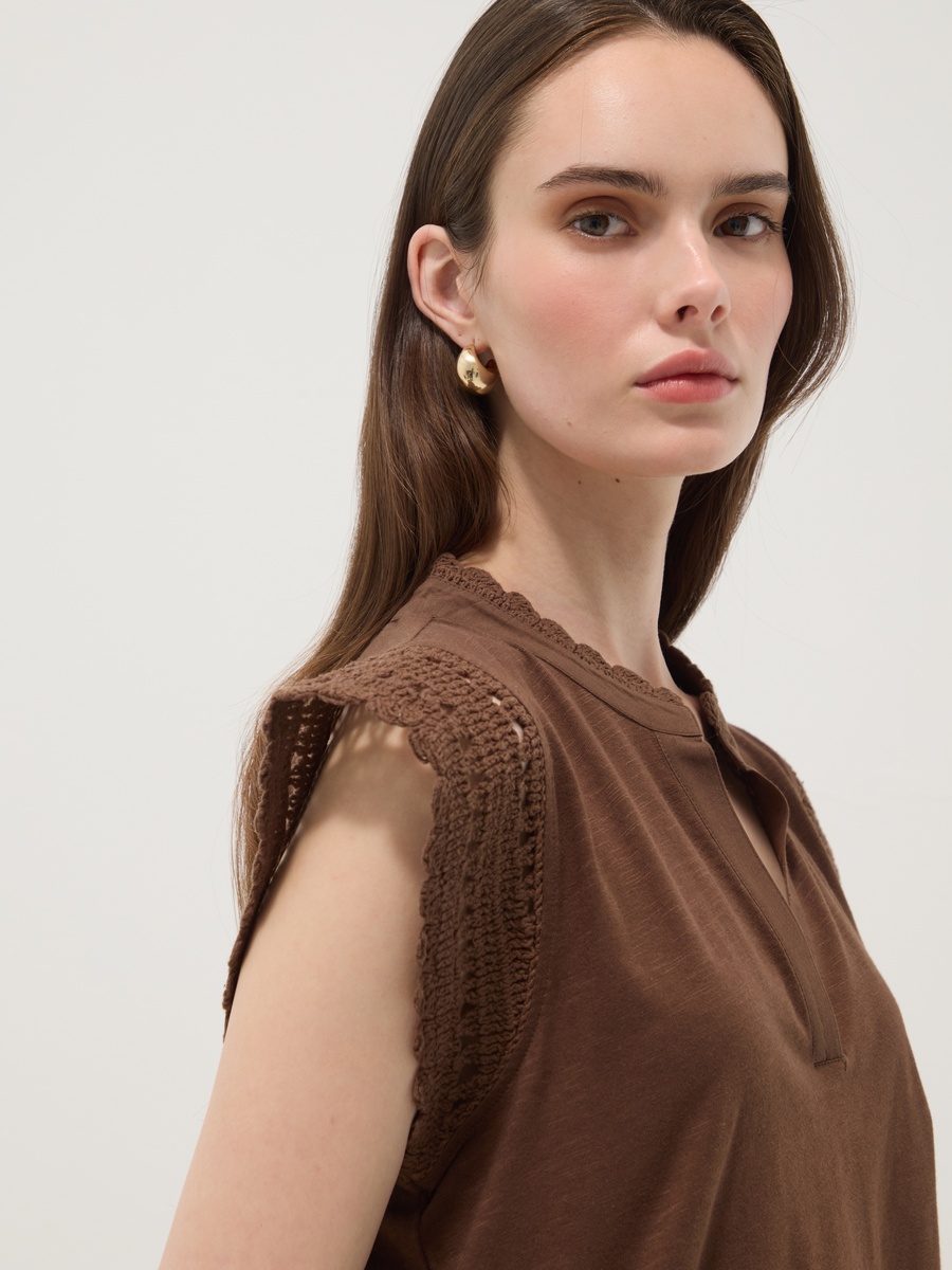 Brown Pure Cotton Regular Fit T-Shirt with Crochet Details