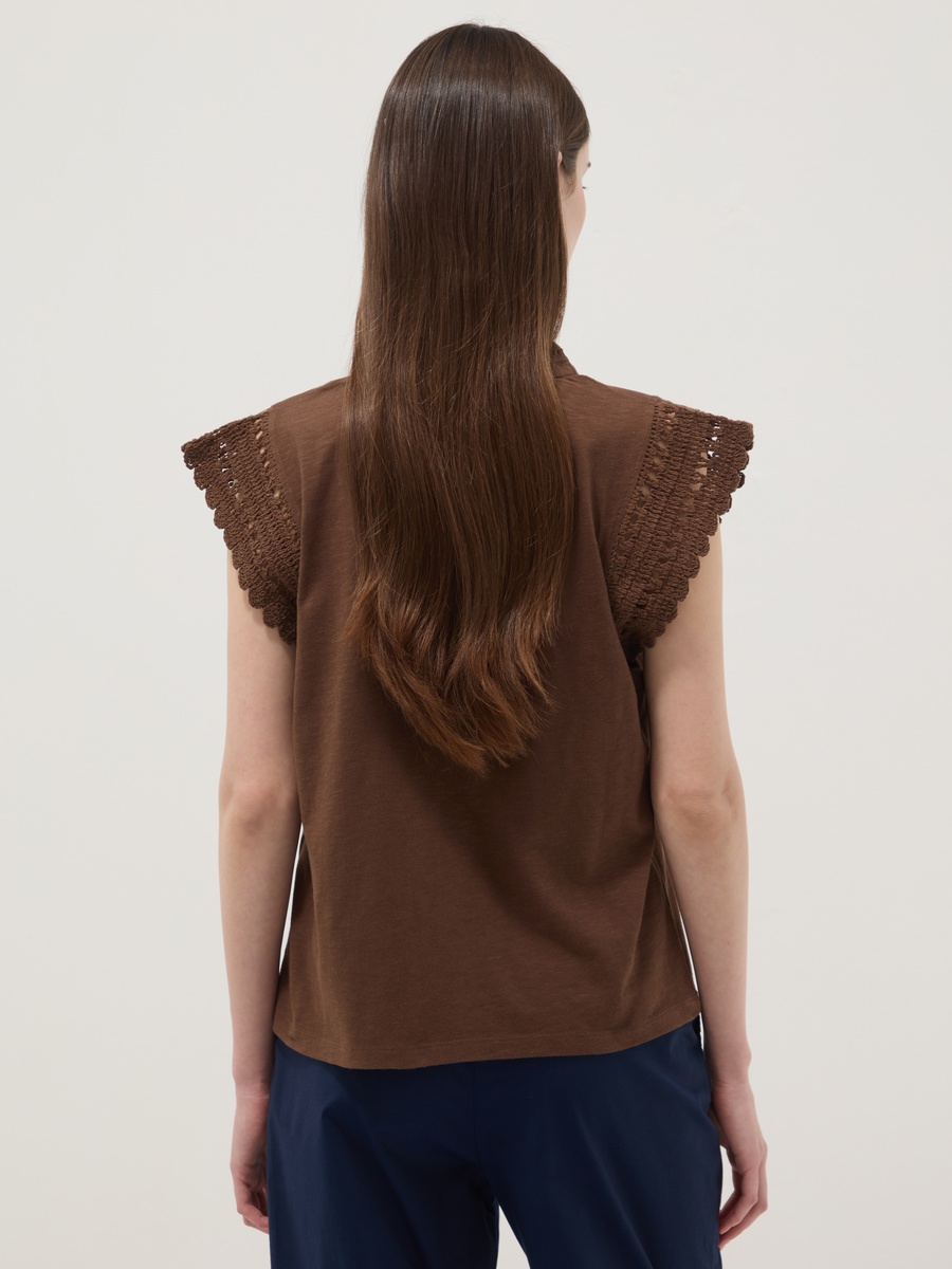 Brown Pure Cotton Regular Fit T-Shirt with Crochet Details