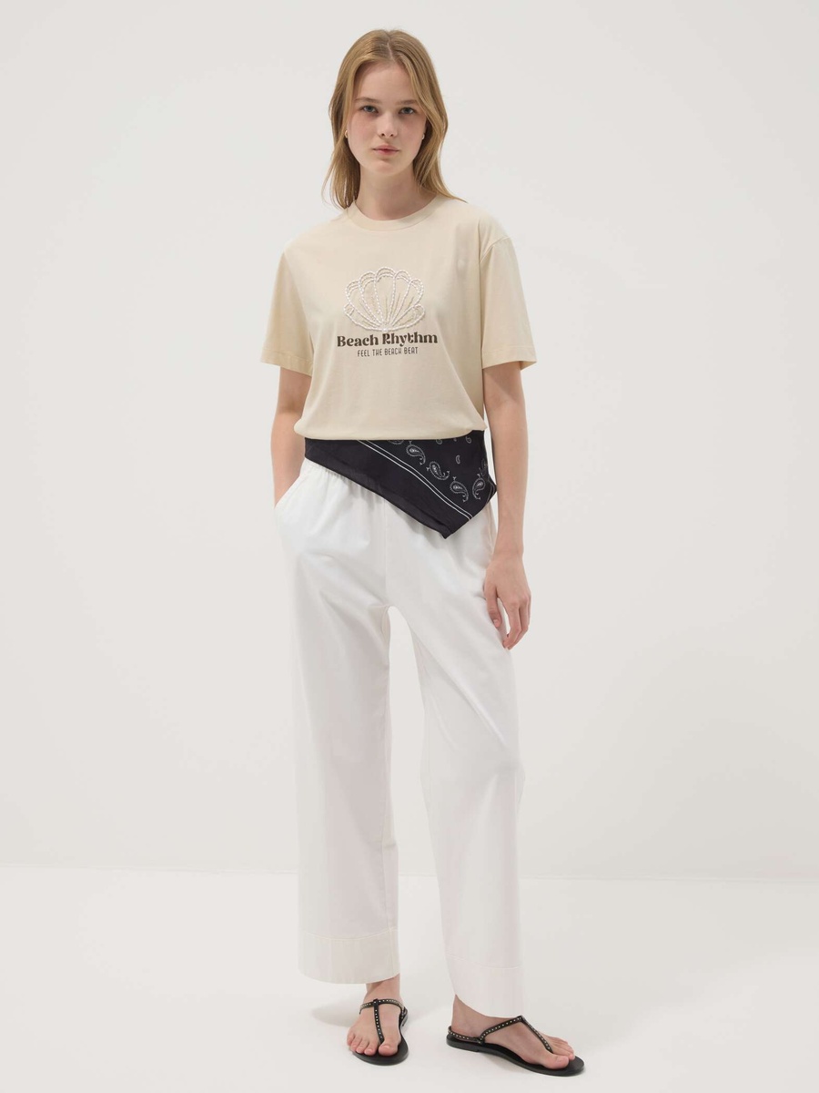 Beige Short-Sleeved Pure Cotton T-Shirt With Embroidery