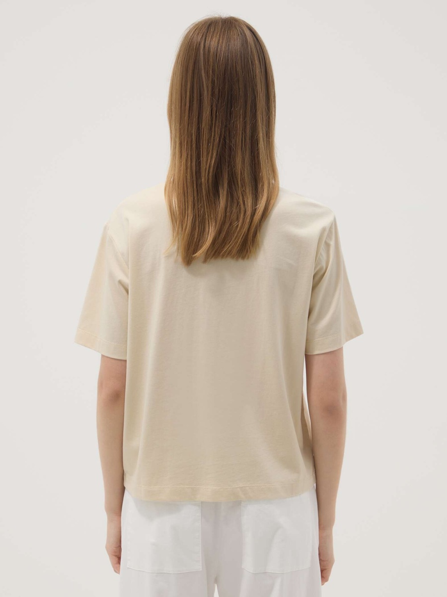 Beige Short-Sleeved Pure Cotton T-Shirt With Embroidery