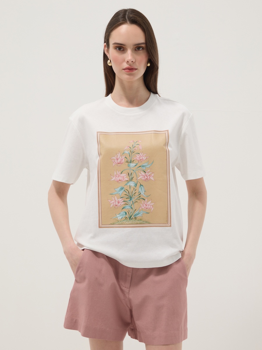 White Pure Cotton Floral Print T-Shirt