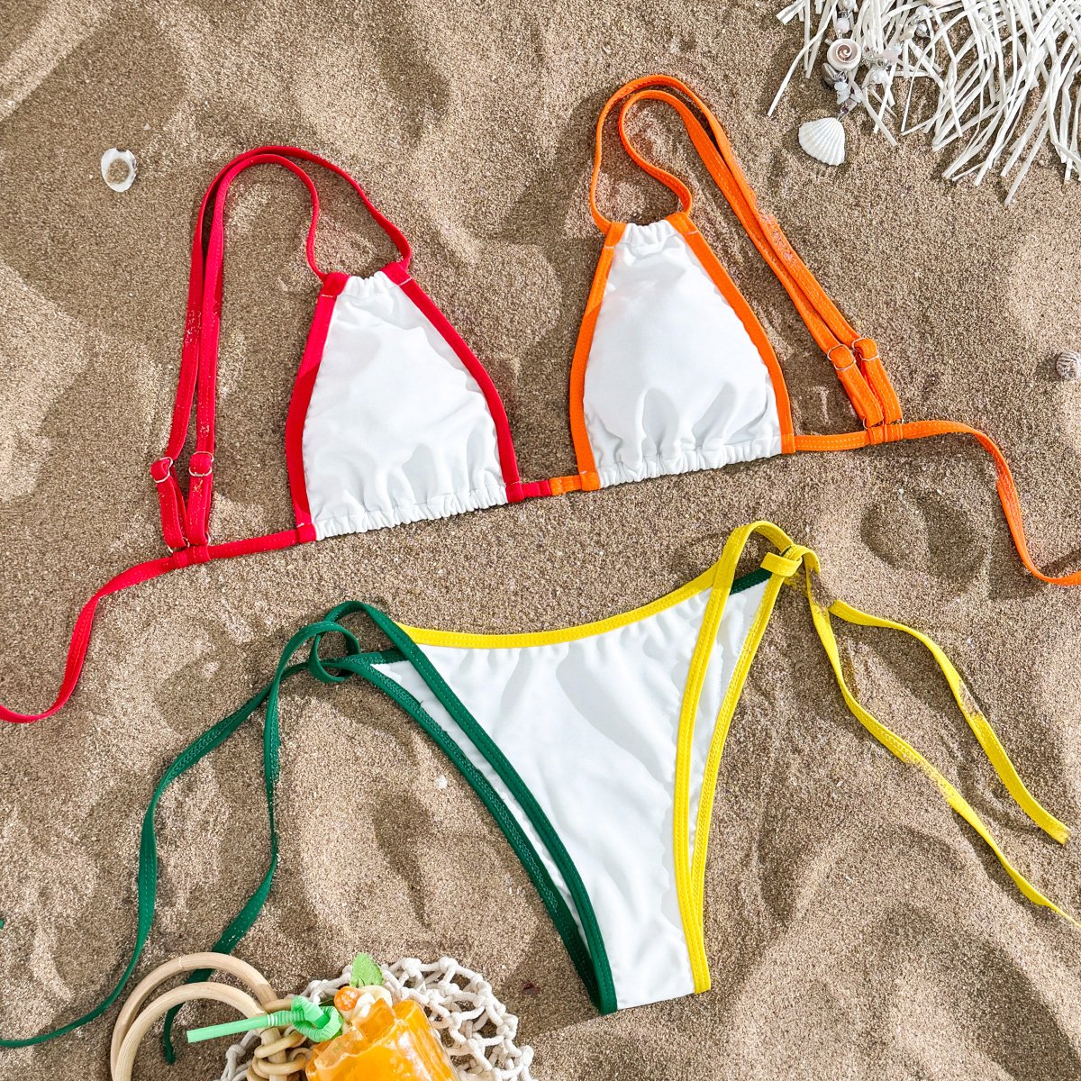 White Contrast Trims Tringle Bikini Set