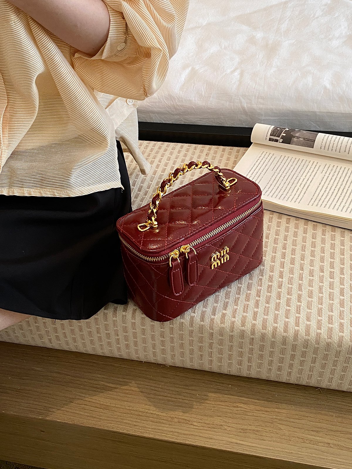 Red Quilted Patent Handbag with Chain Handle