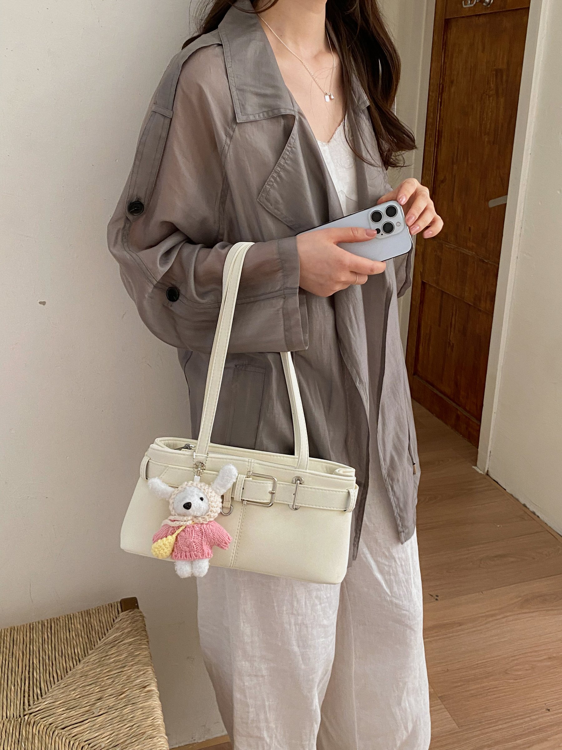 White Shoulder Bag with Plush Toy