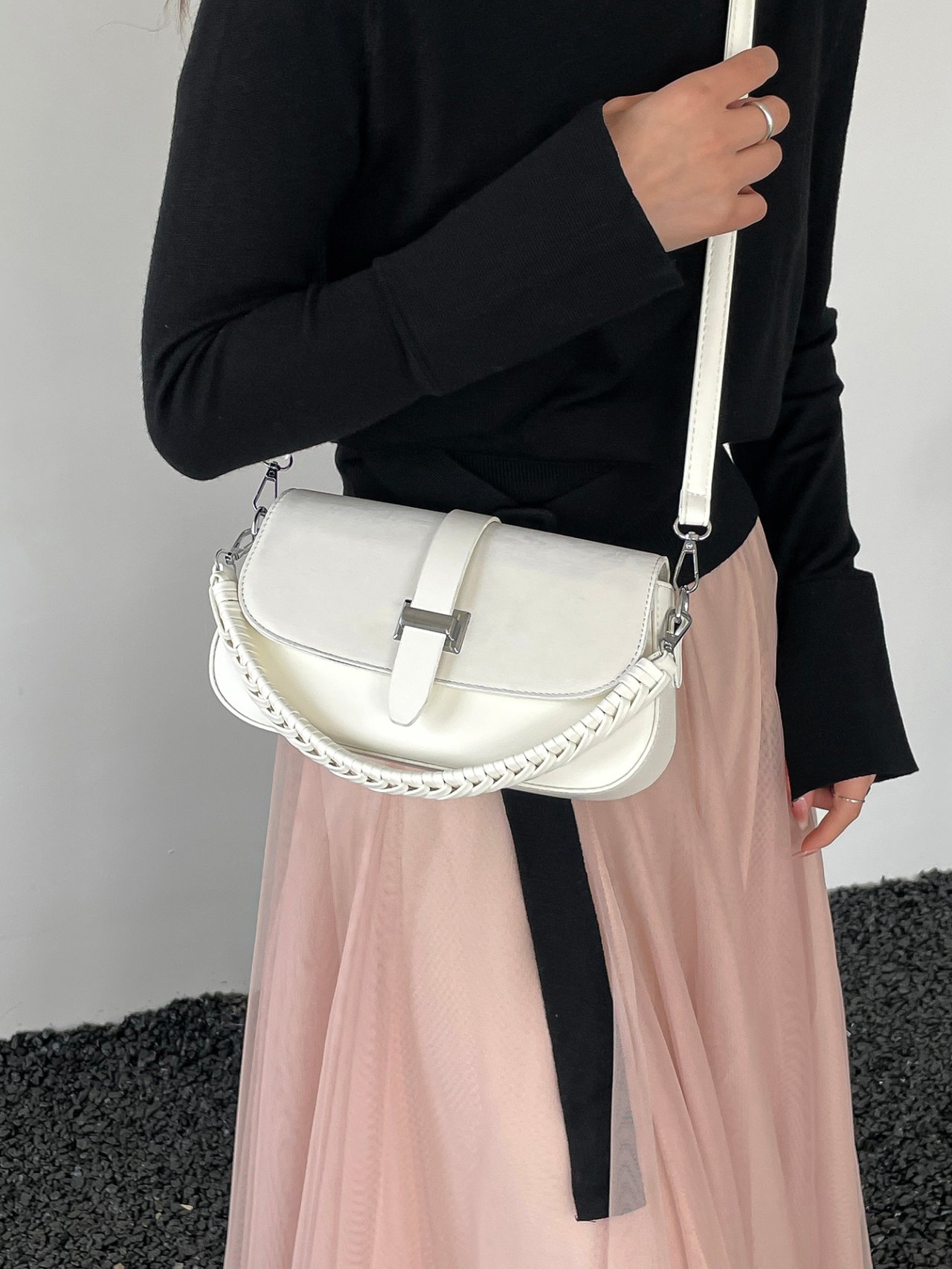 White Braided Strap Shoulder Bag