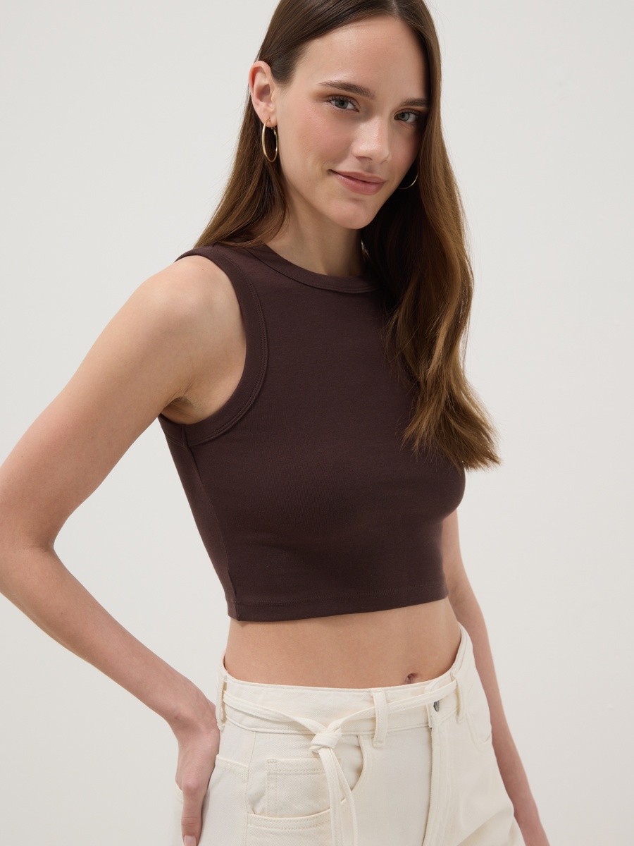 Coffee Brown Round Neck Cotton-Stretch Cropped Tank Top