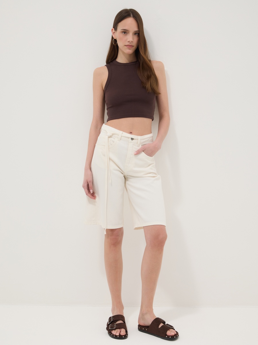 Coffee Brown Round Neck Cotton-Stretch Cropped Tank Top