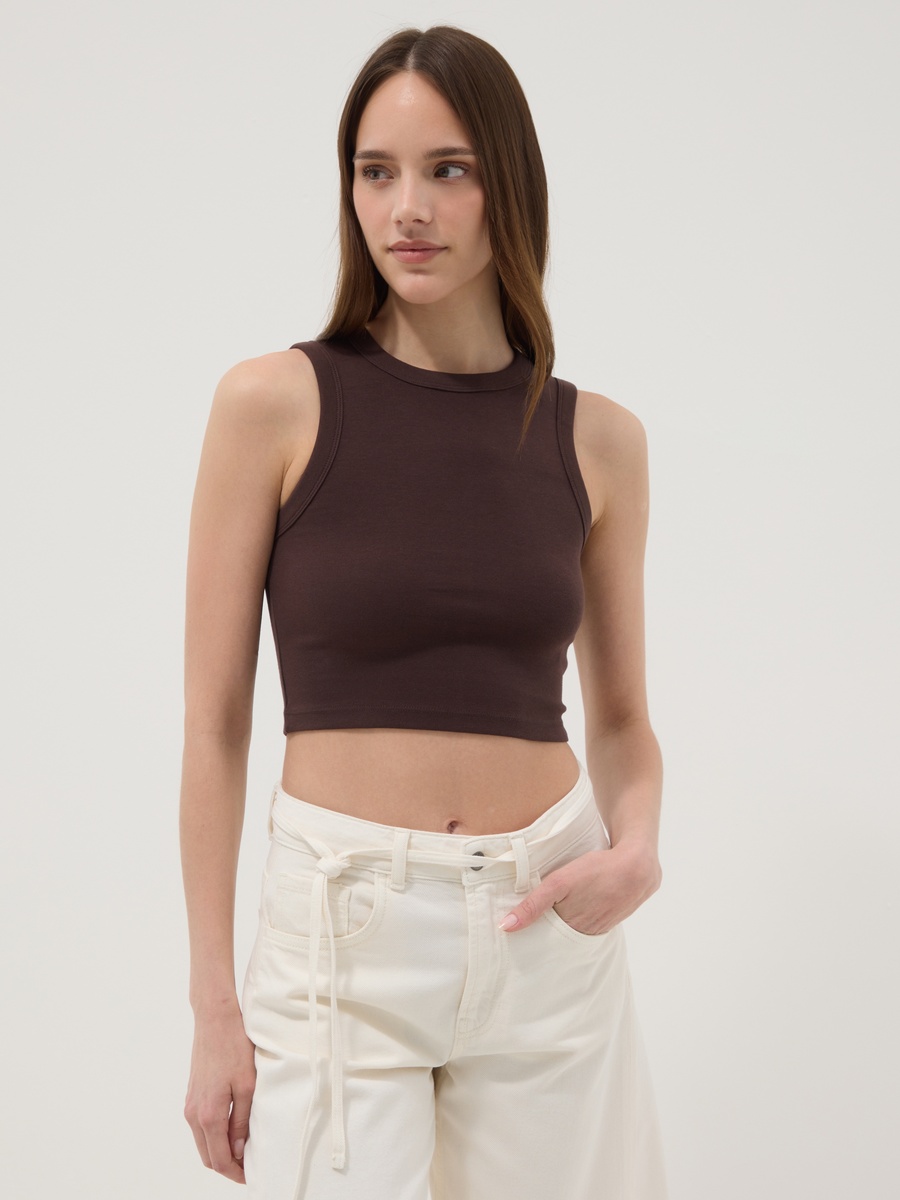 Coffee Brown Round Neck Cotton-Stretch Cropped Tank Top