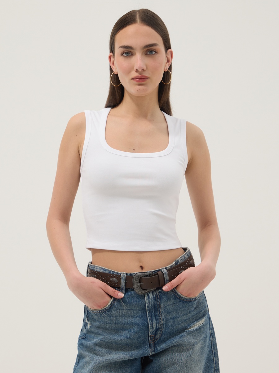 White Round Neck Stretch Cotton Tank Top