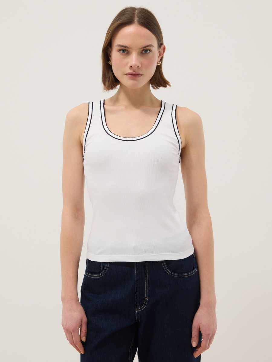White Stretch Cotton Tank Top With Border Regular Fit