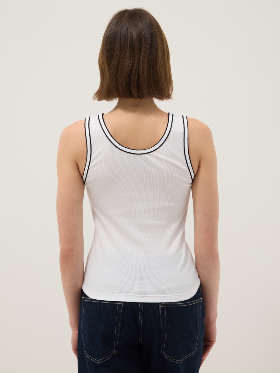 White Stretch Cotton Tank Top With Border Regular Fit