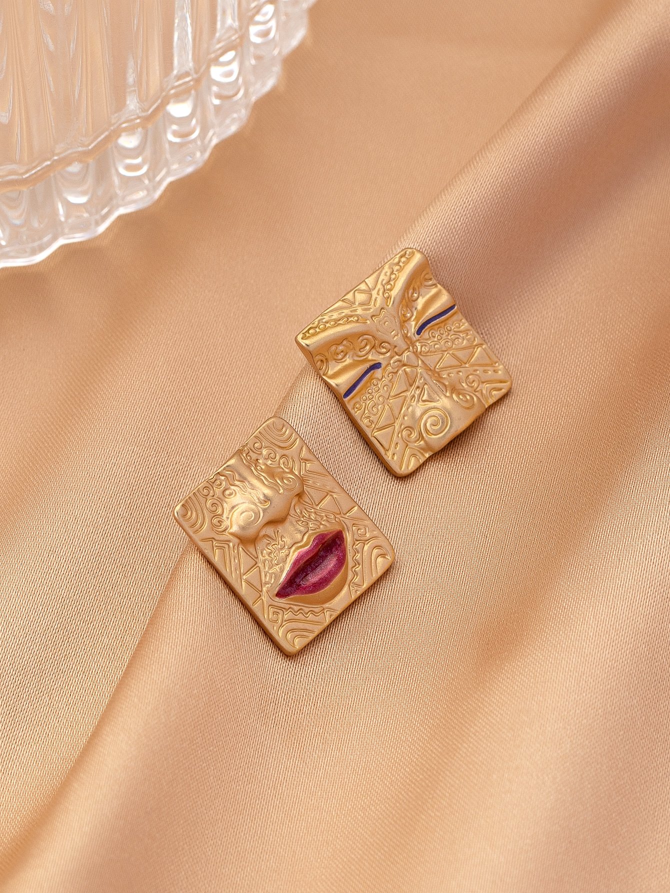 Gold Face Design Stud Earrings for Casual Wear.