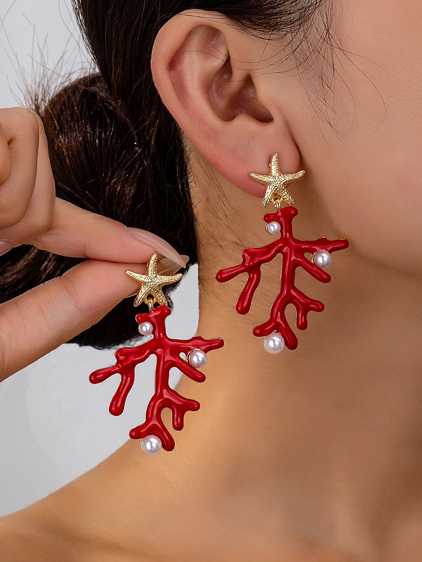 Coral Branch and Starfish Drop Earrings with Pearls.