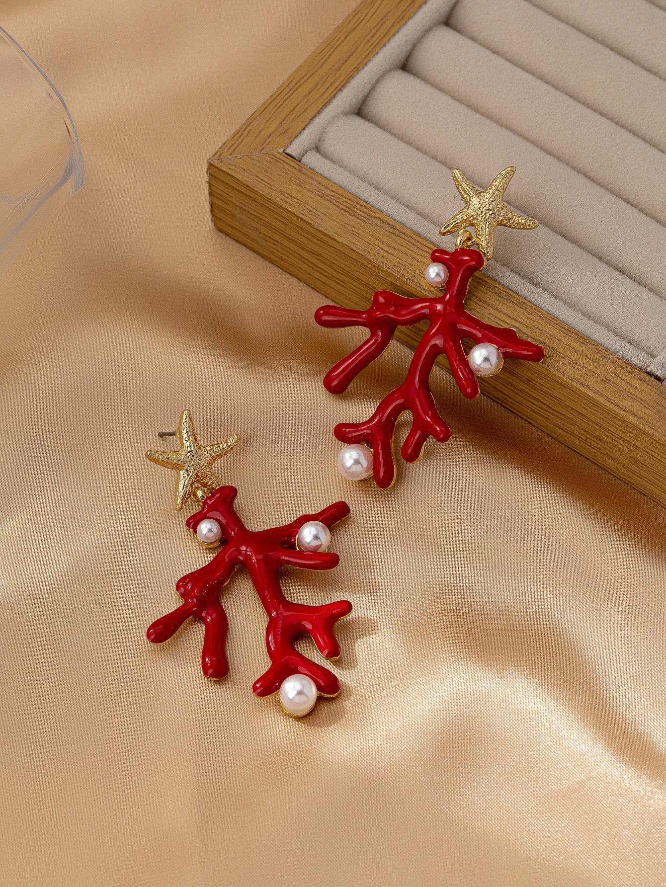 Coral Branch and Starfish Drop Earrings with Pearls.